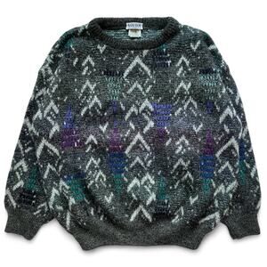 Vintage Fuzzy Mohair Abstract Pattern Crewneck Sweater Mountain Arrow Multicolor